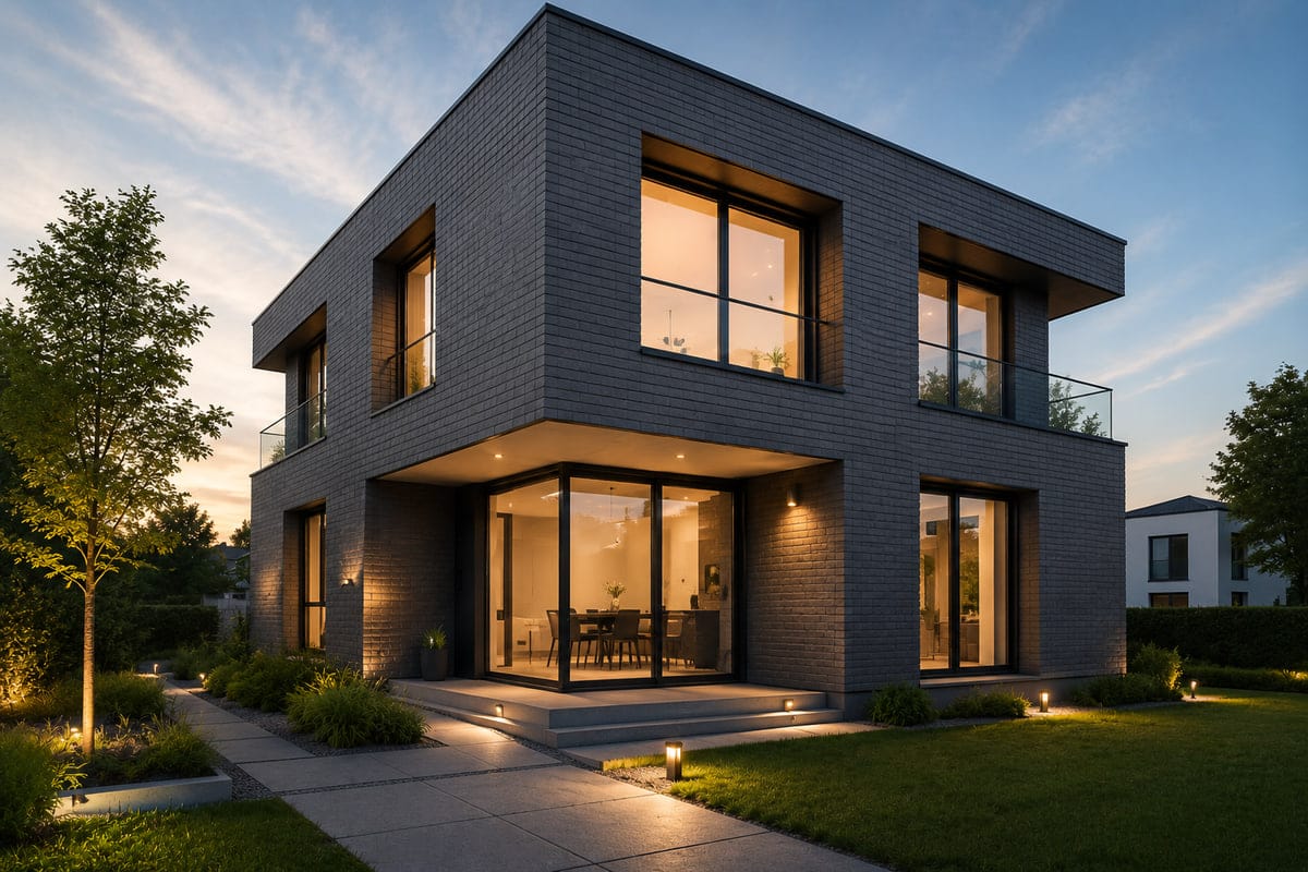 Modernes Massivhaus mit dunkler Klinkerfassade und beleuchteten Fenstern in der Dämmerung