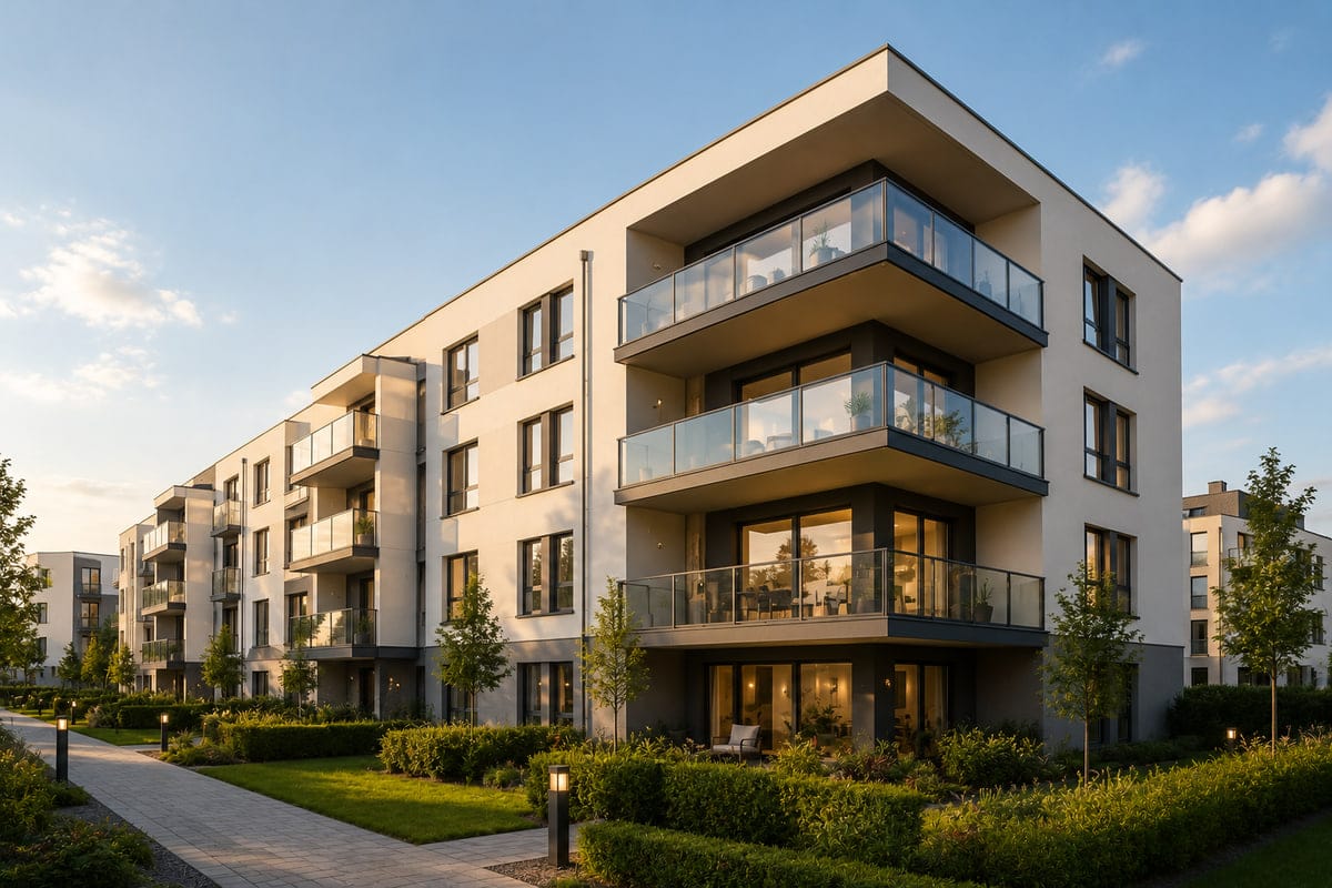 Modernes Mehrfamilienhaus mit Glasbalkonen und begrünter Außenanlage im Abendlicht