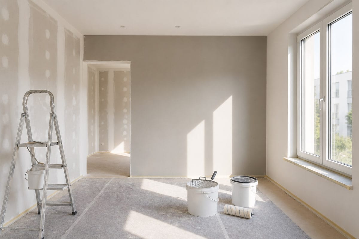 Innenraum im Ausbau mit verspachtelten Trockenbauwänden, Leiter und Farbeimern
